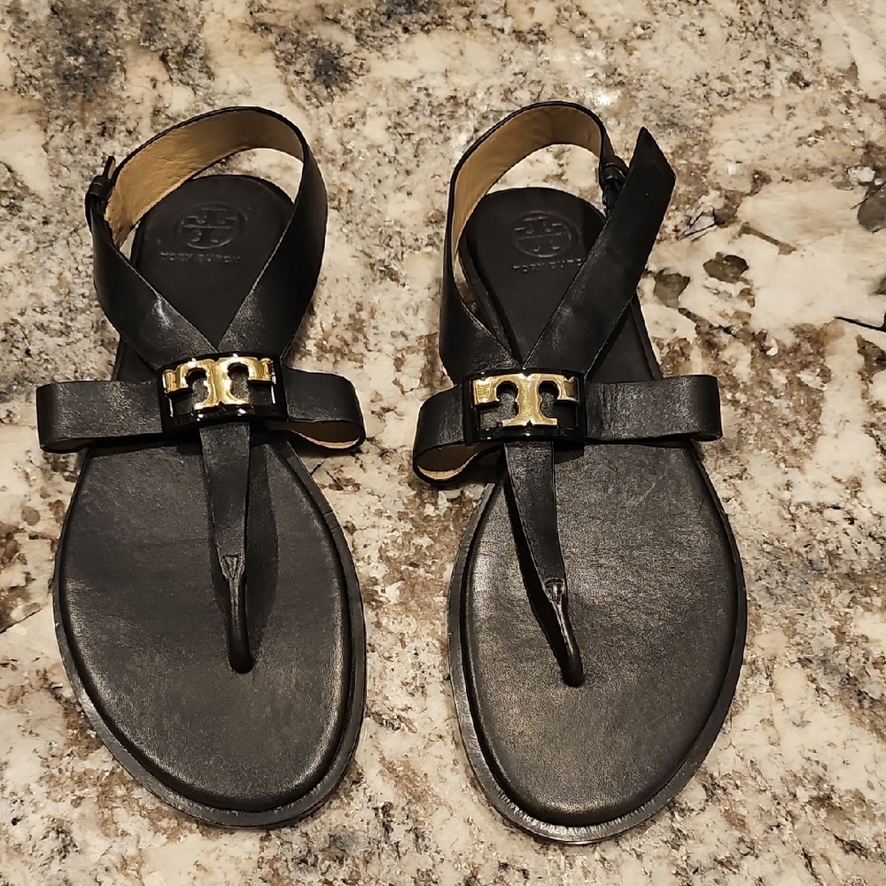 Black Leather Sandals with Gold Accent